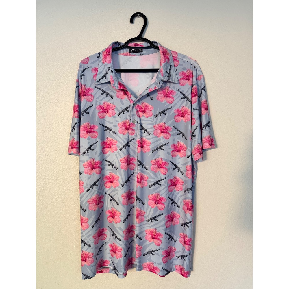 ACE Mens XL Hibiscus AK47 Rifle Print Polo Shirt Light Blue Pink NoveltyTactical